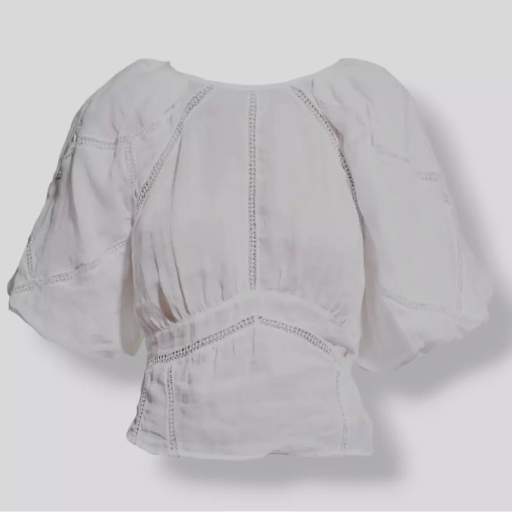 Frame Women's White Inset Lace Gathered Seam Round-Neck Blouse Top Size M